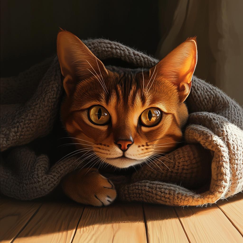 Cozy Abyssinian Cat Under Blanket