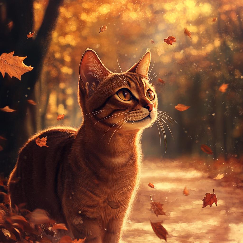 Abyssinian Cat Watching Autumn Leaves