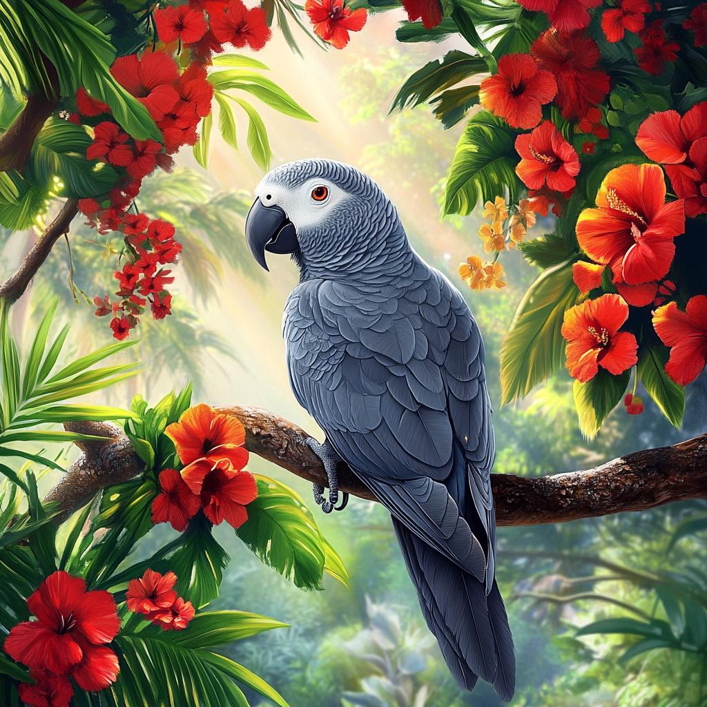African Grey Parrot with Red Flowers