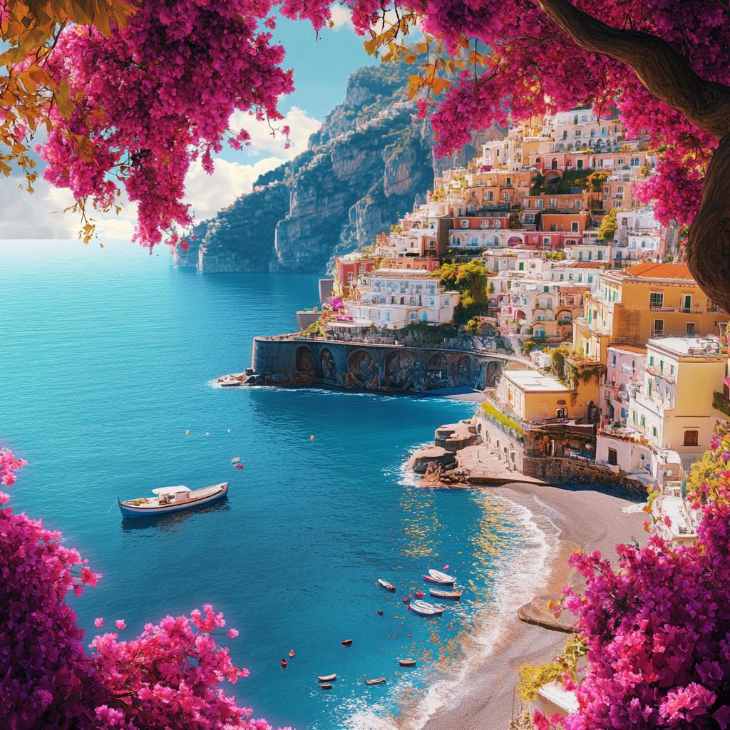 Amalfi Beach with Pink Flowers