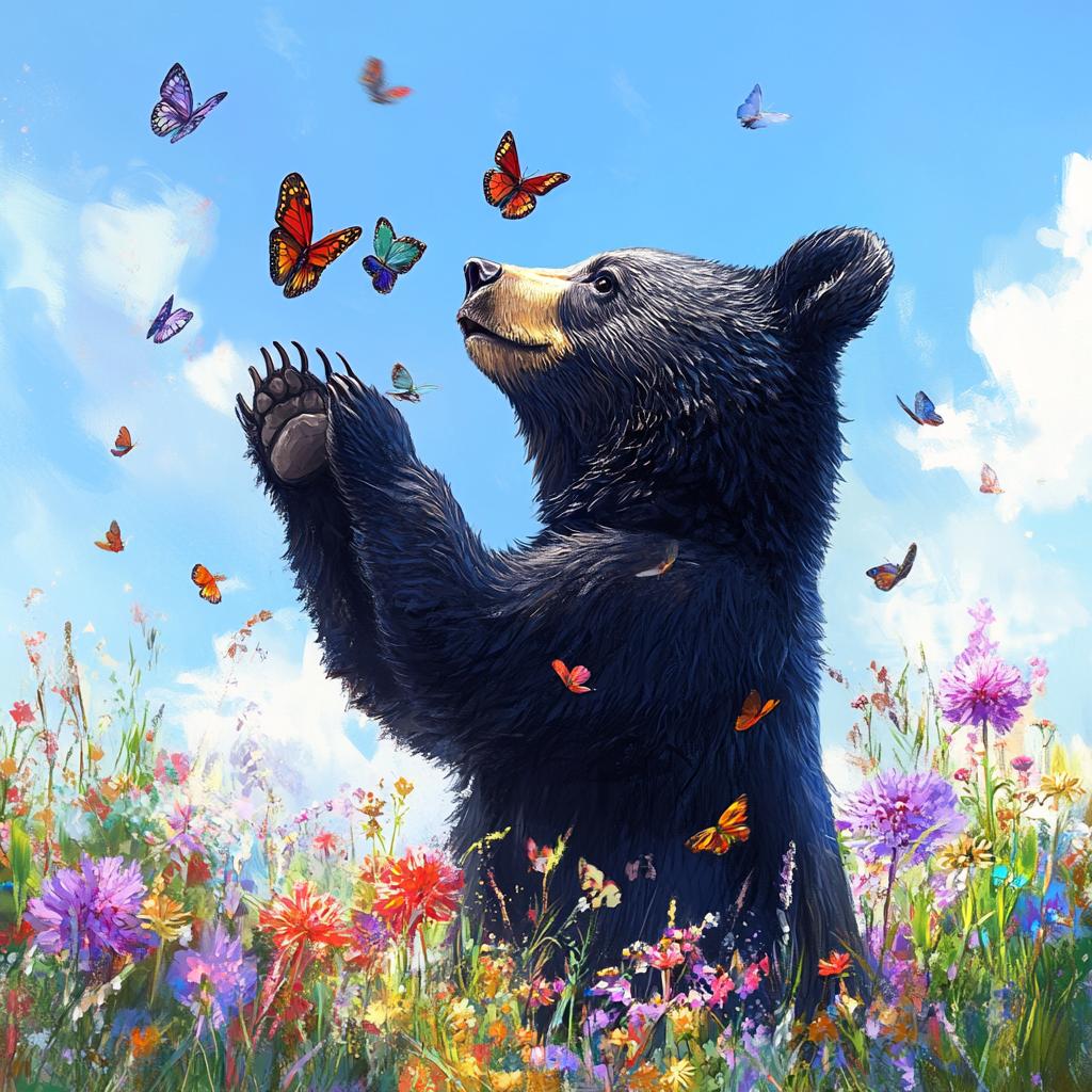 American Black Bear Playing with Butterflies