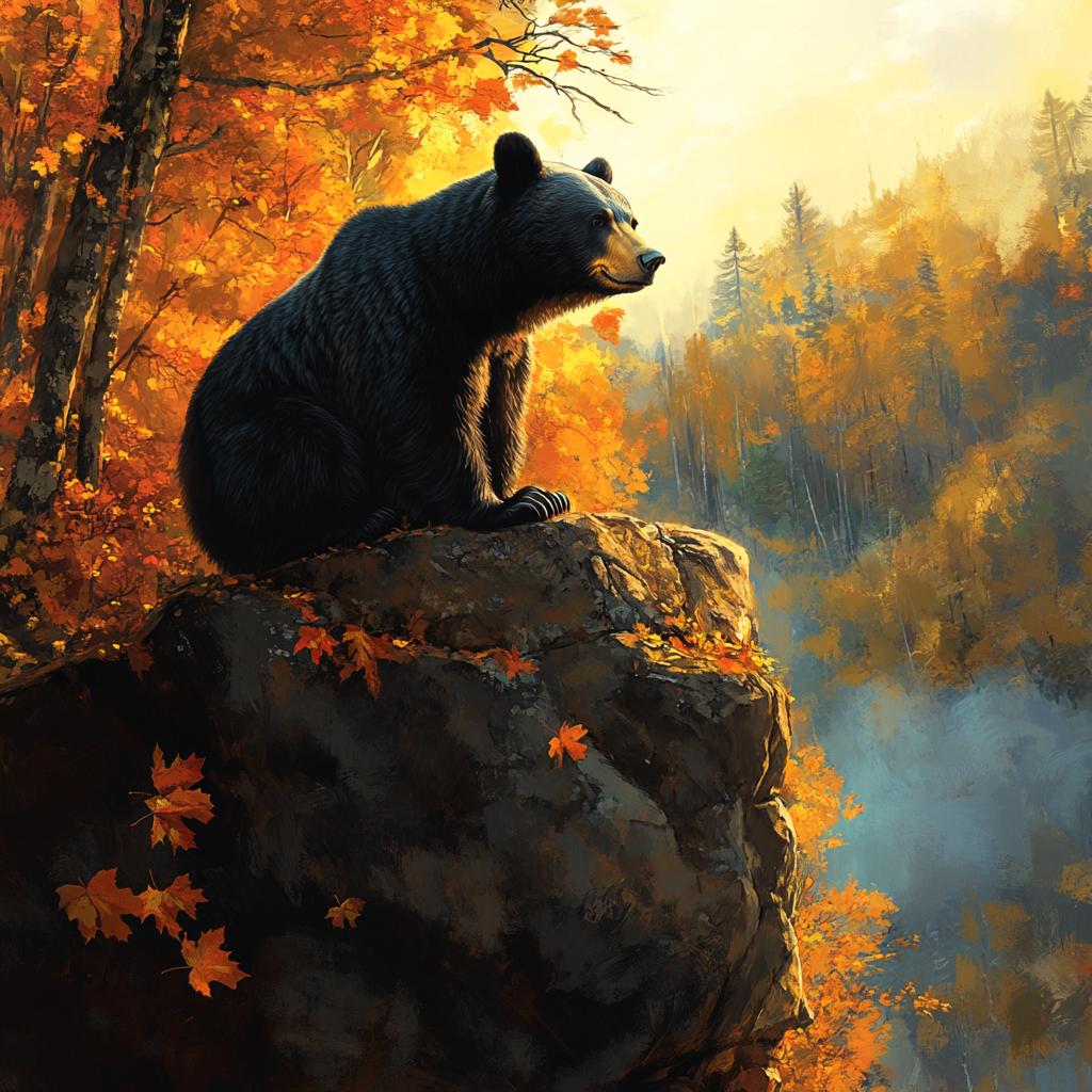 American Black Bear in Autumn Forest View