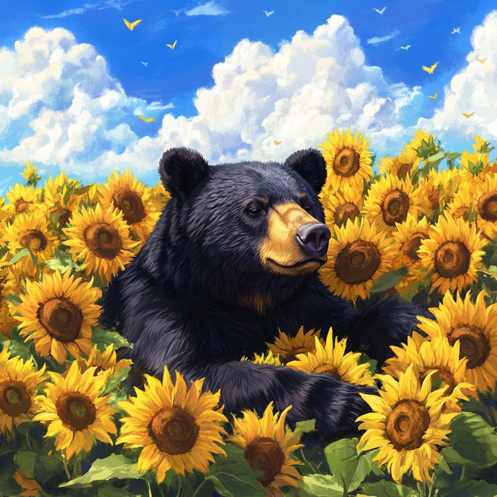 American Black Bear Resting in Sunflower Field