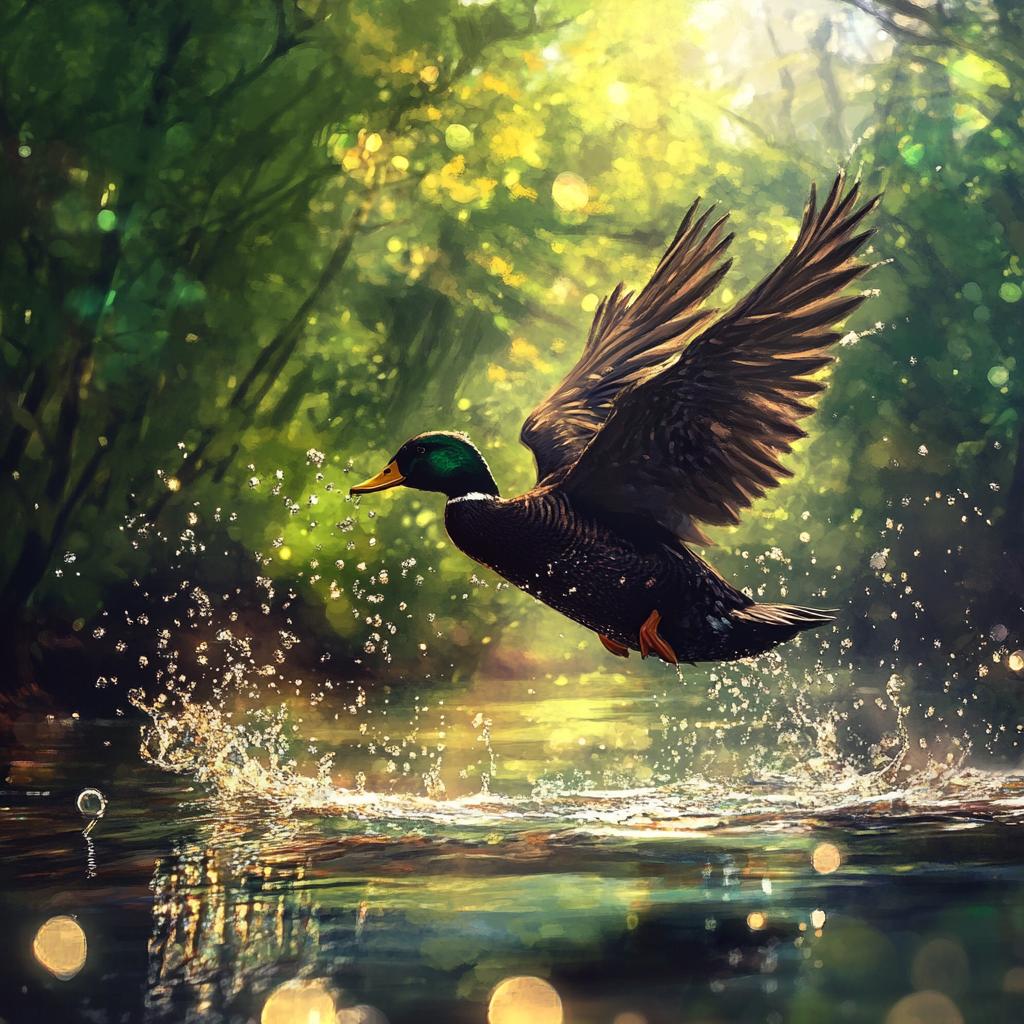 American Black Duck Over Forest River