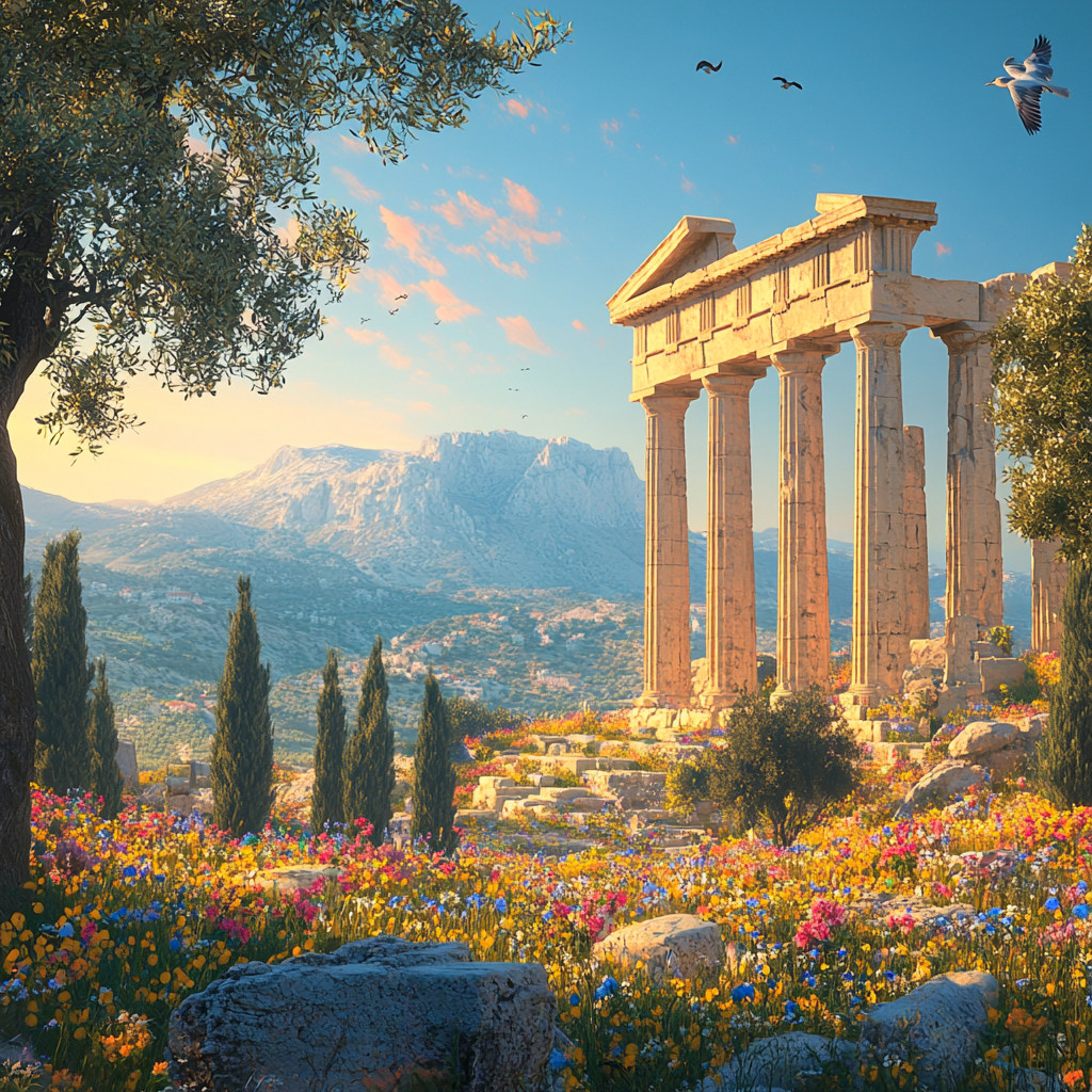Ancient Temple in Flower Field