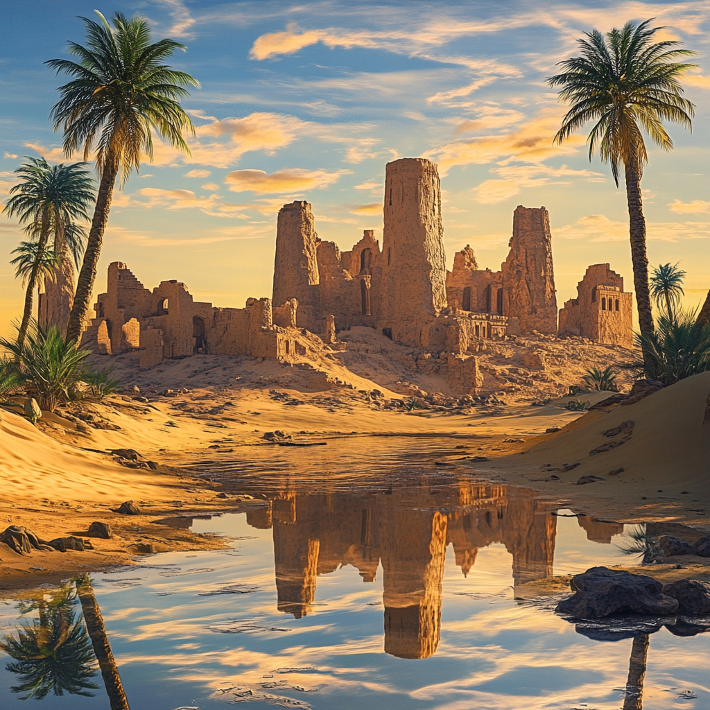 Desert Ancient Ruins with Palm Trees