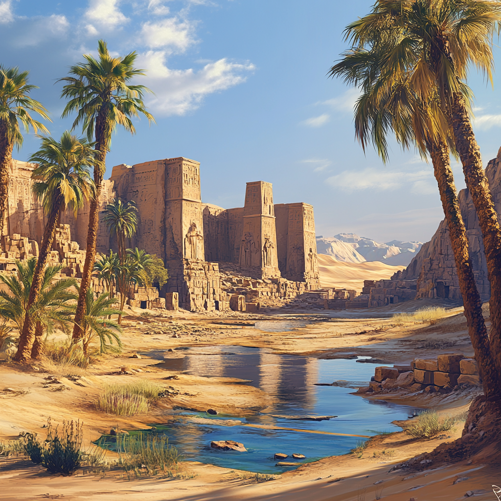 Desert Ancient Ruins and Palm Trees
