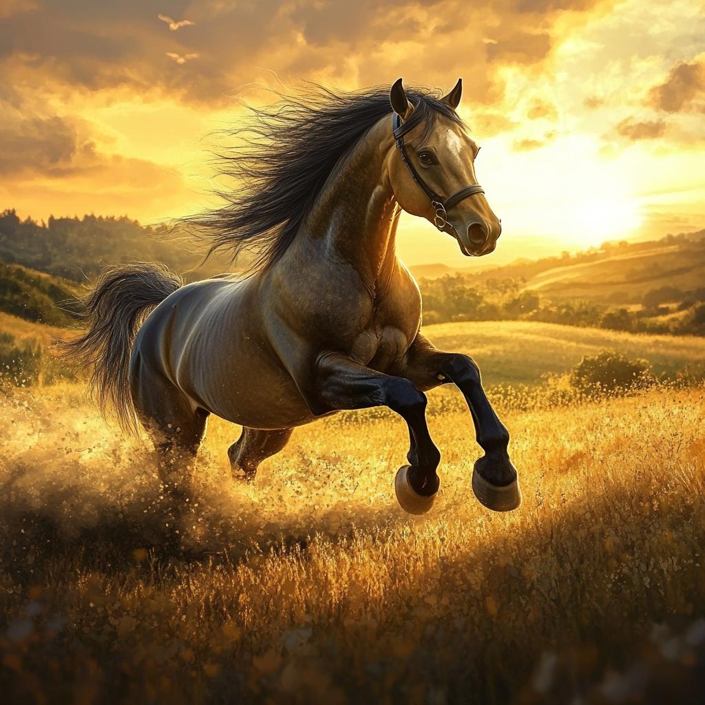 Andalusian Horse in Grass at Sunset