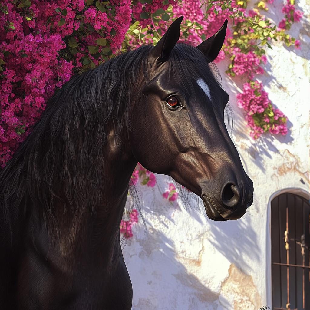 Black Andalusian Horse with Flowers