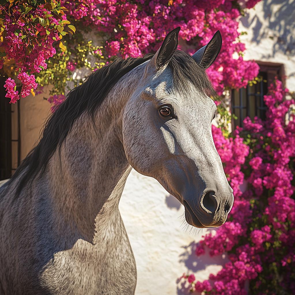 White Andalusian Horse with Flowers