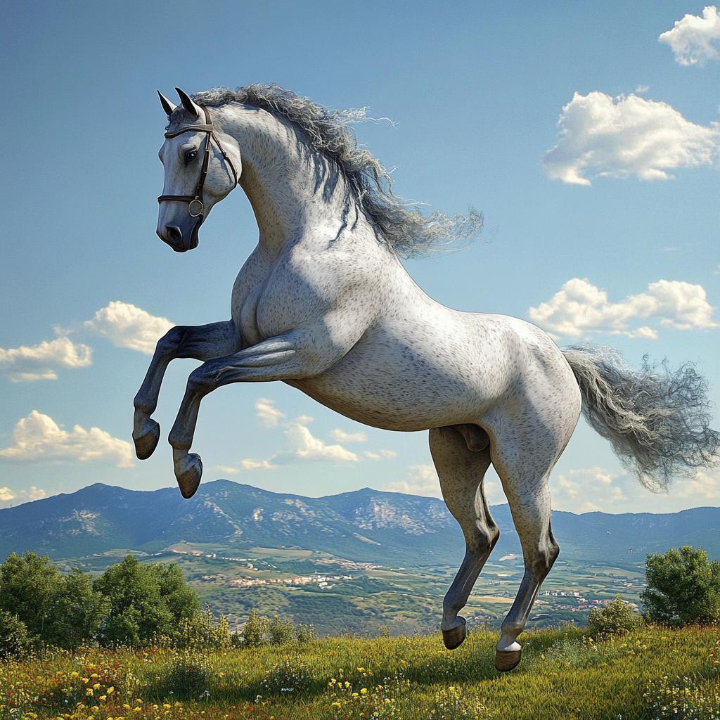 White Andalusian Horse Jumping in Grass