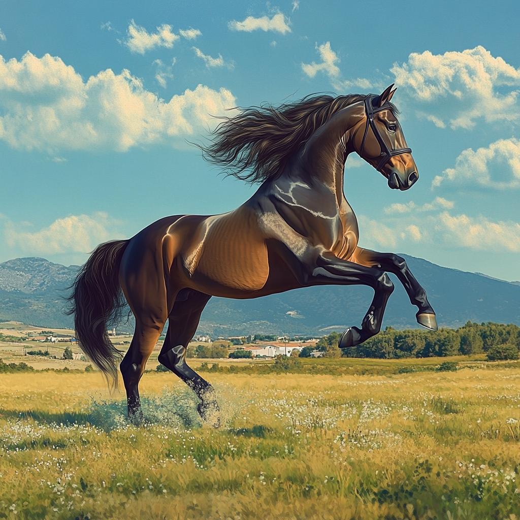 Brown Andalusian Horse Jumping in Grass
