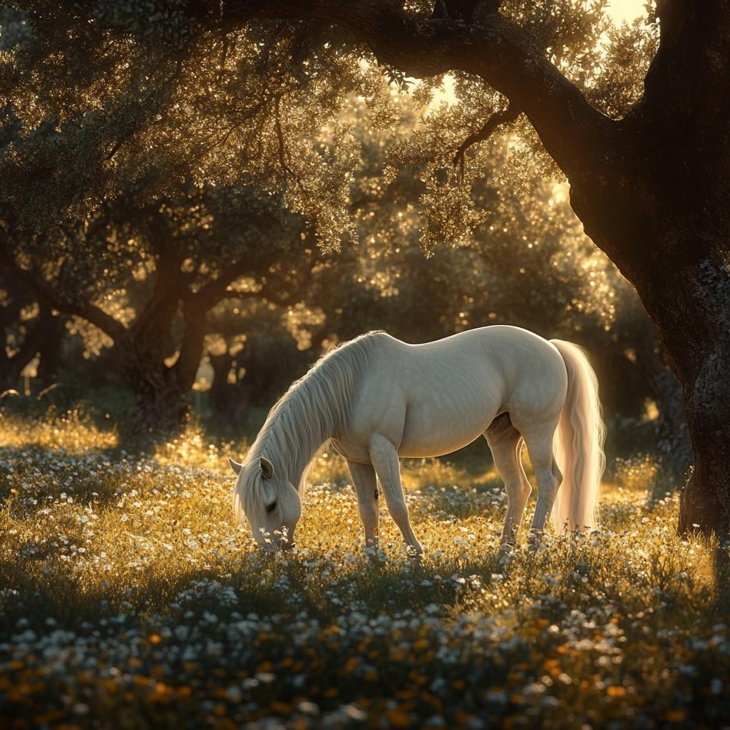 White Andalusian Horse Grazing Under Tree