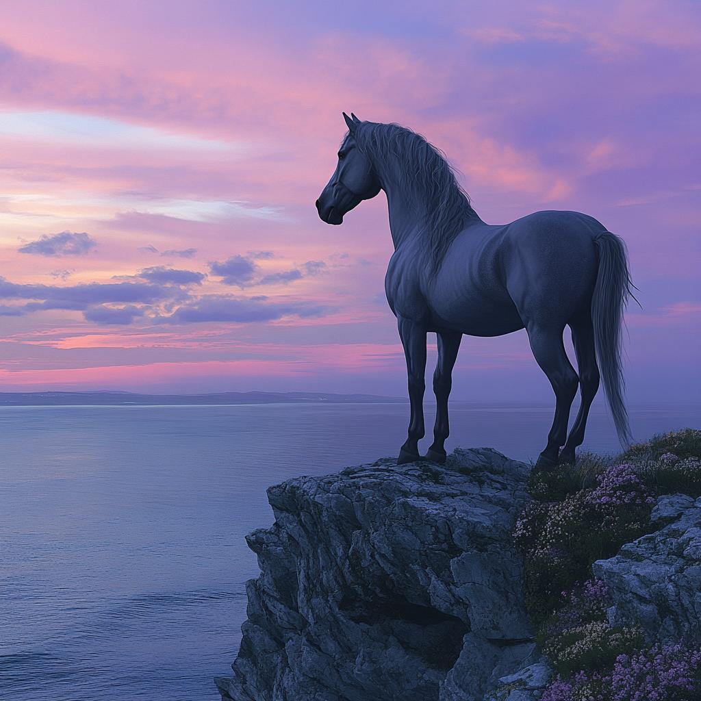 White Andalusian Horse at Sunset Sea View