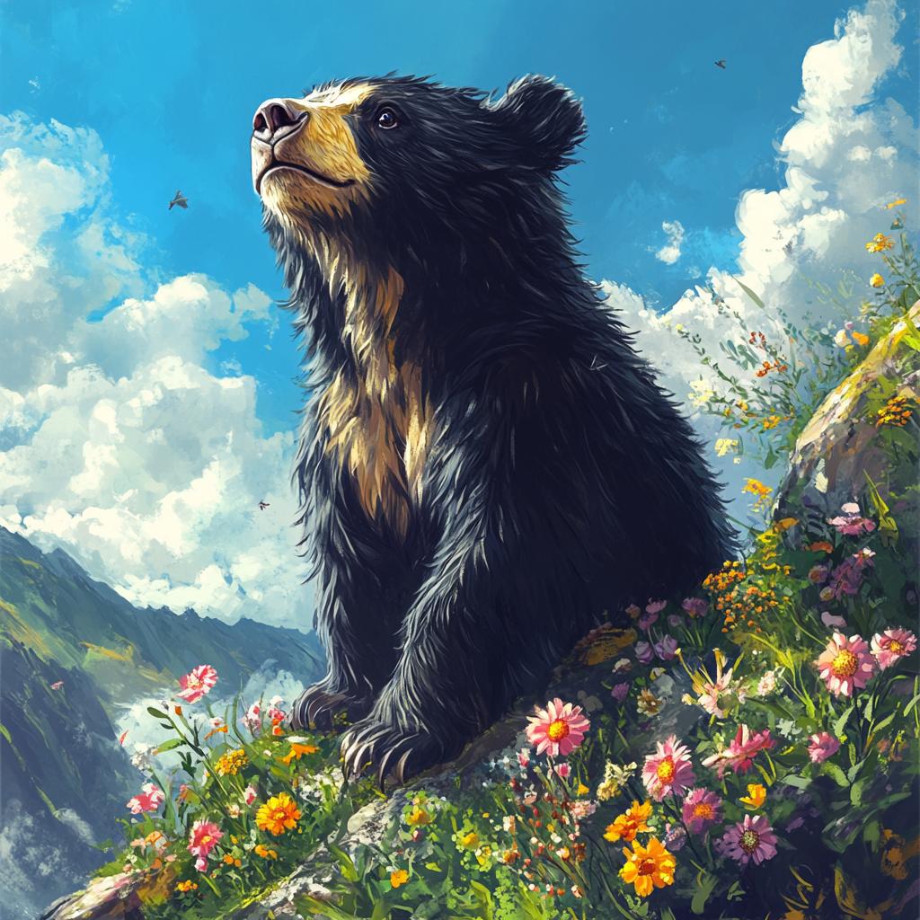 Andean Bear Resting by Flowers