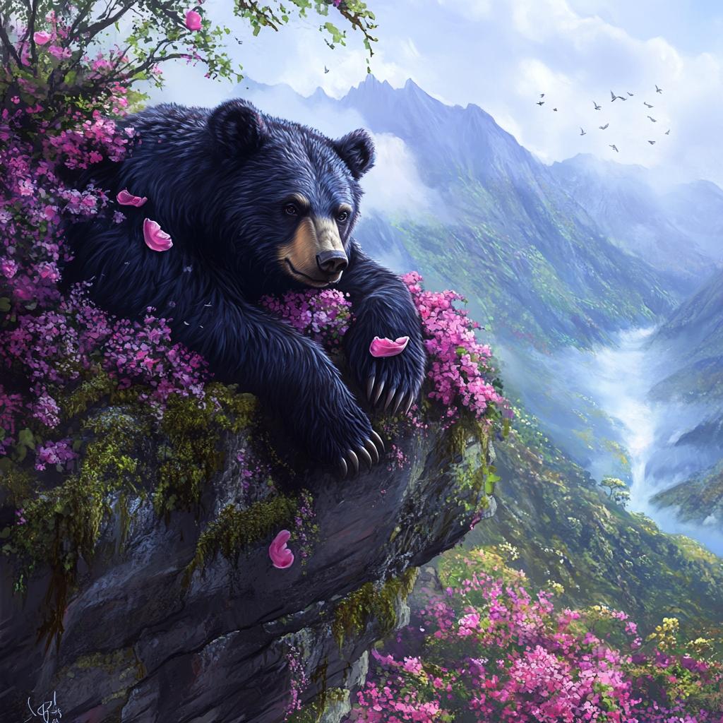Andean Bear Sleeping on Flowered Cliff