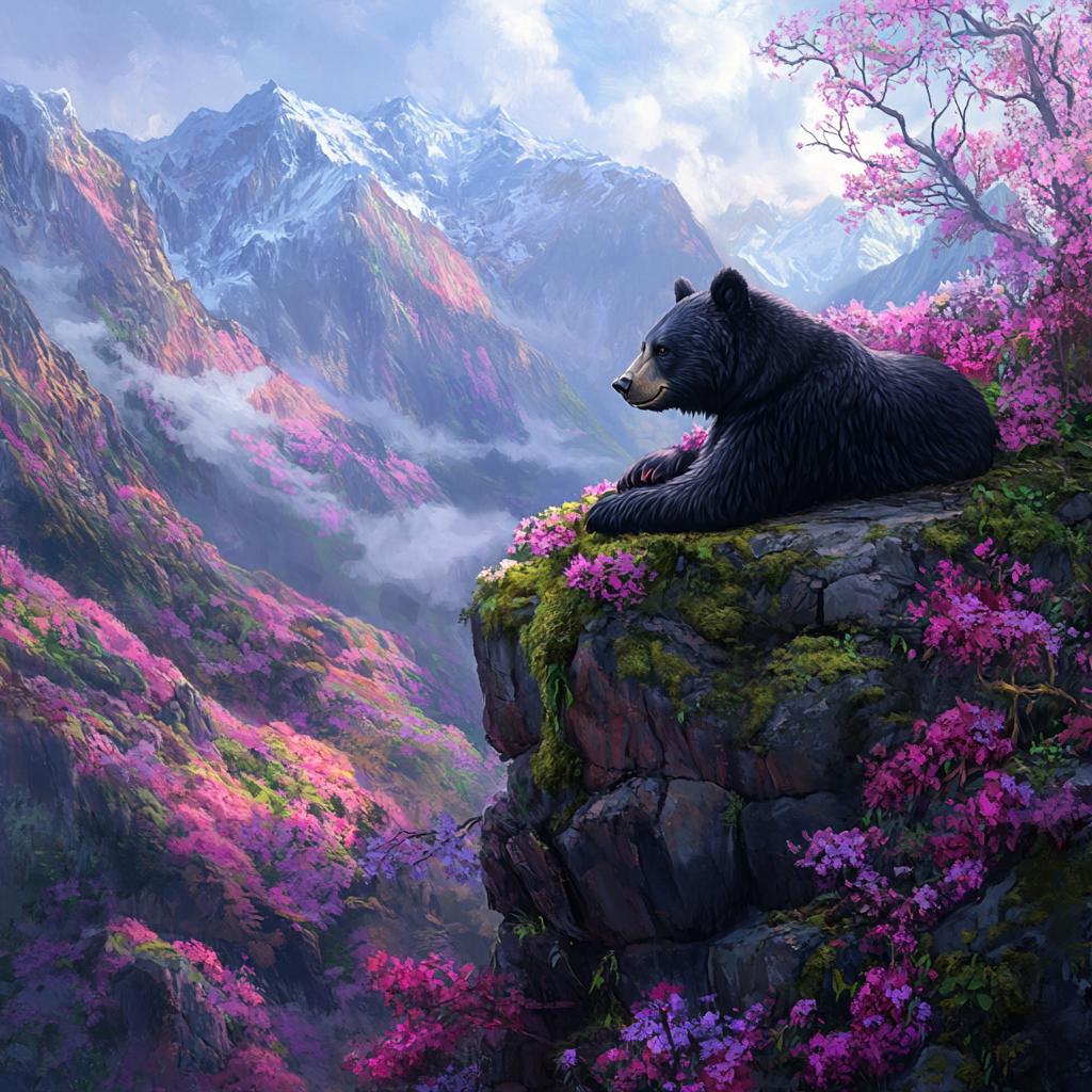 Andean Bear with Pink Cliff Flowers