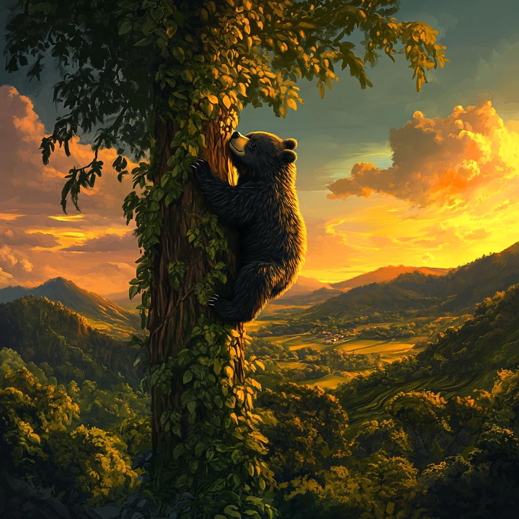 Andean Bear Climbing Tree at Sunset