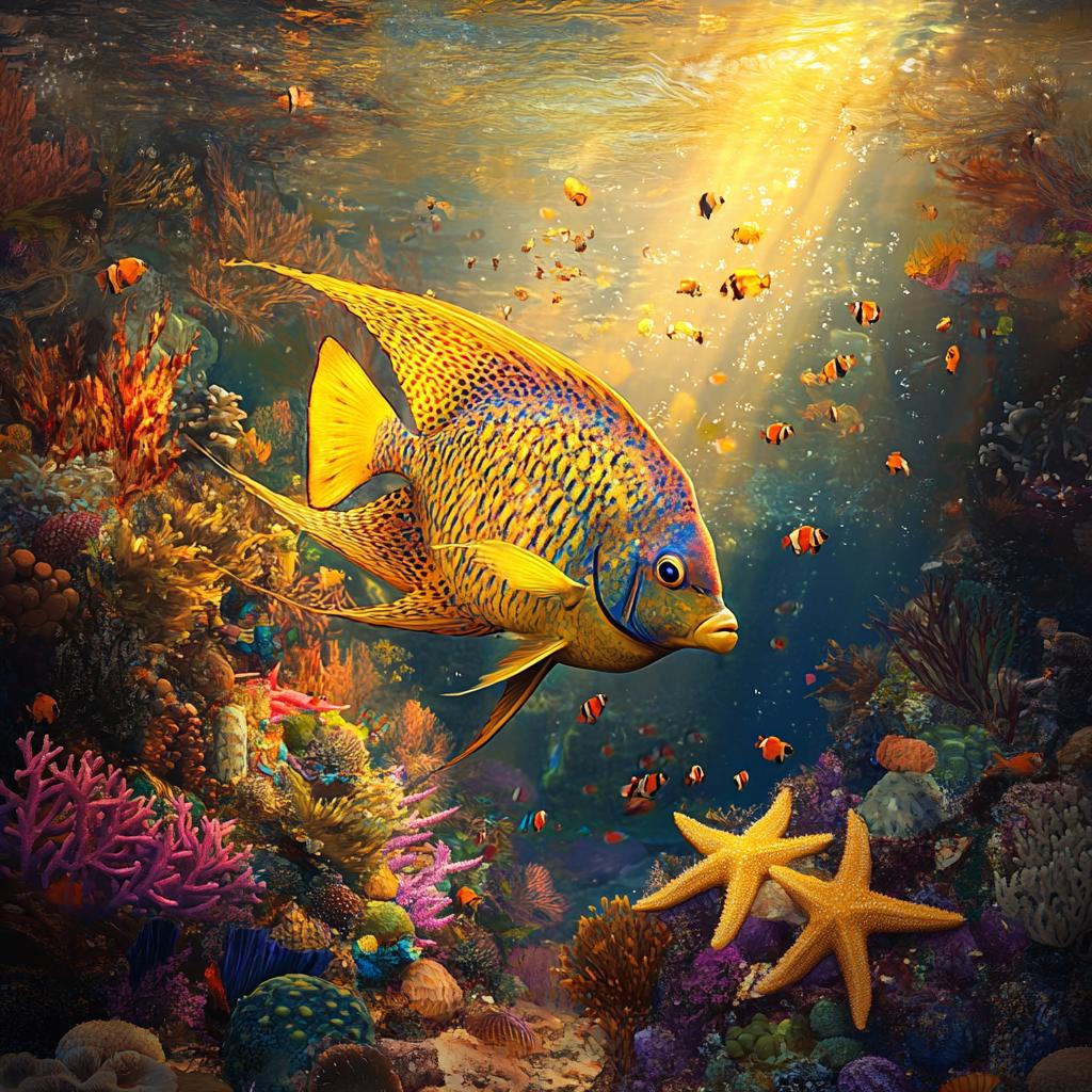 Yellow Angelfish Above Sea Stars