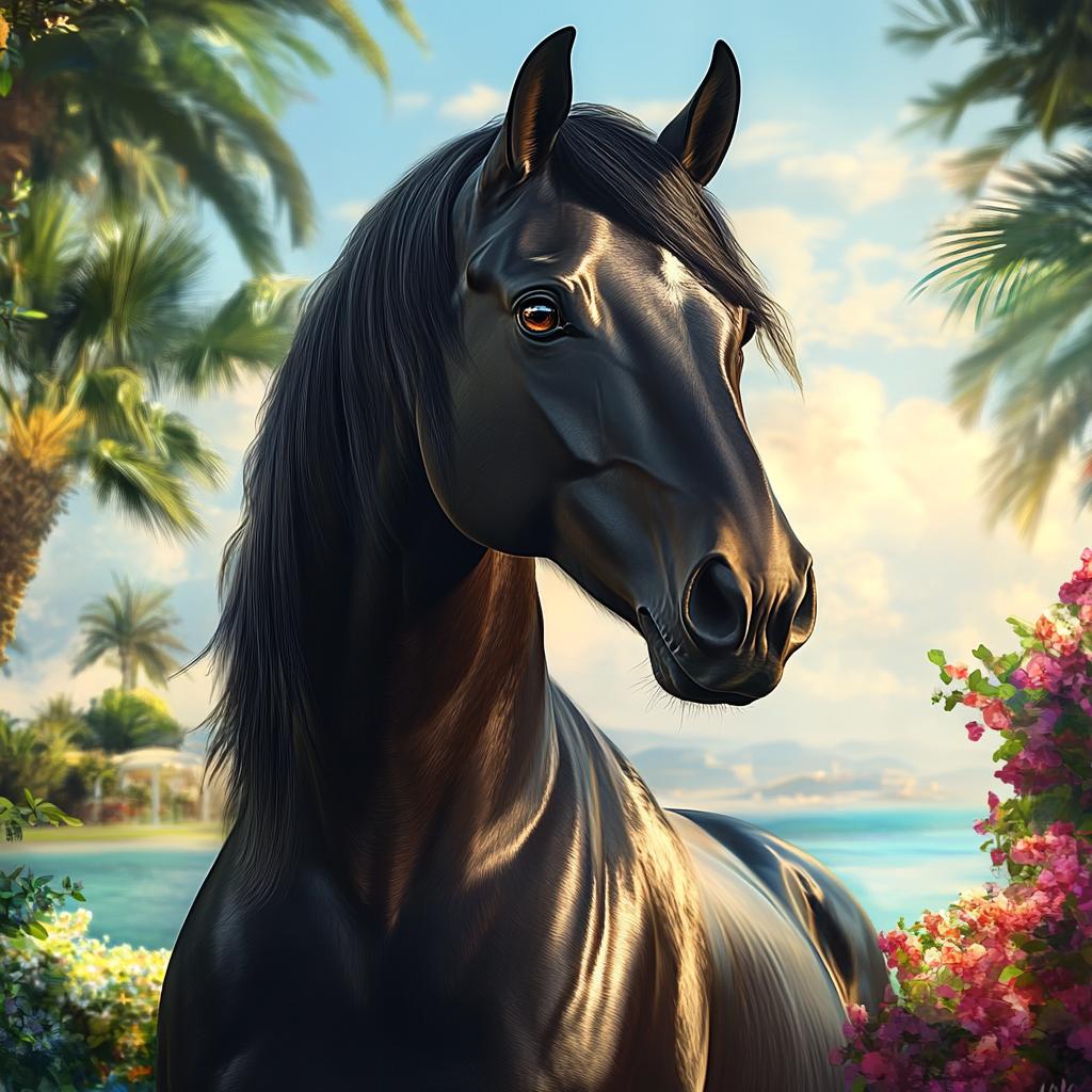 Black Arabian Horse with Palm Trees