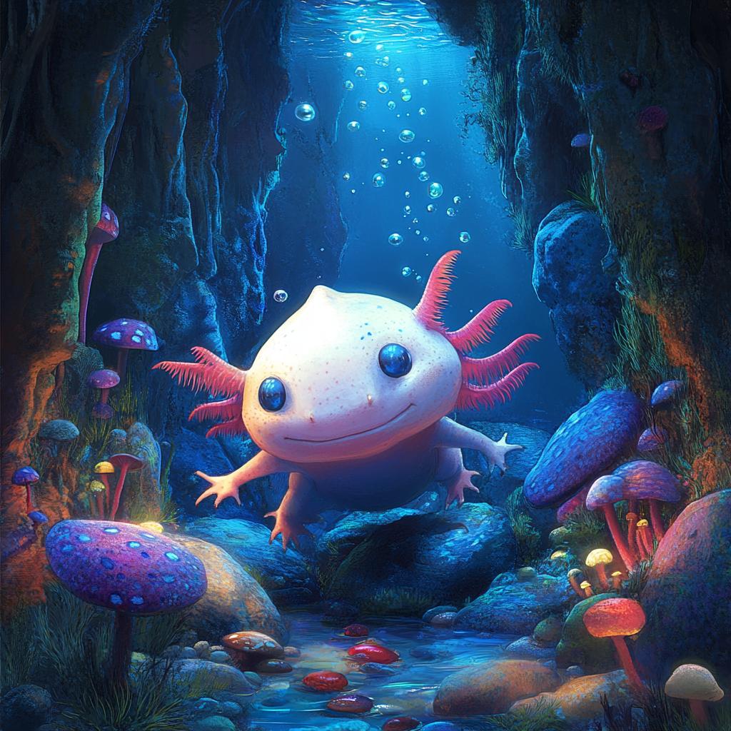 Axolotl Swimming in Cave Scene