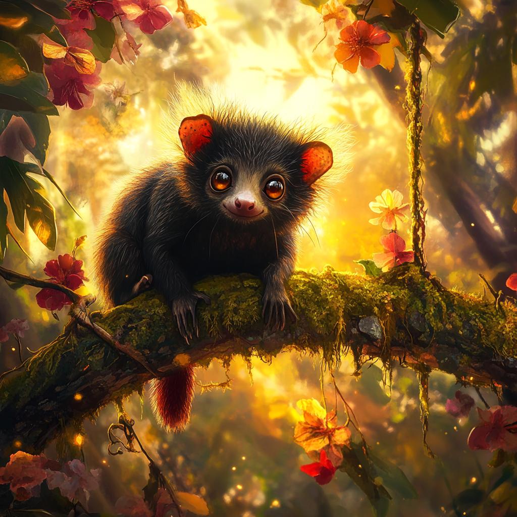 Aye-Aye on Branch with Red Flowers