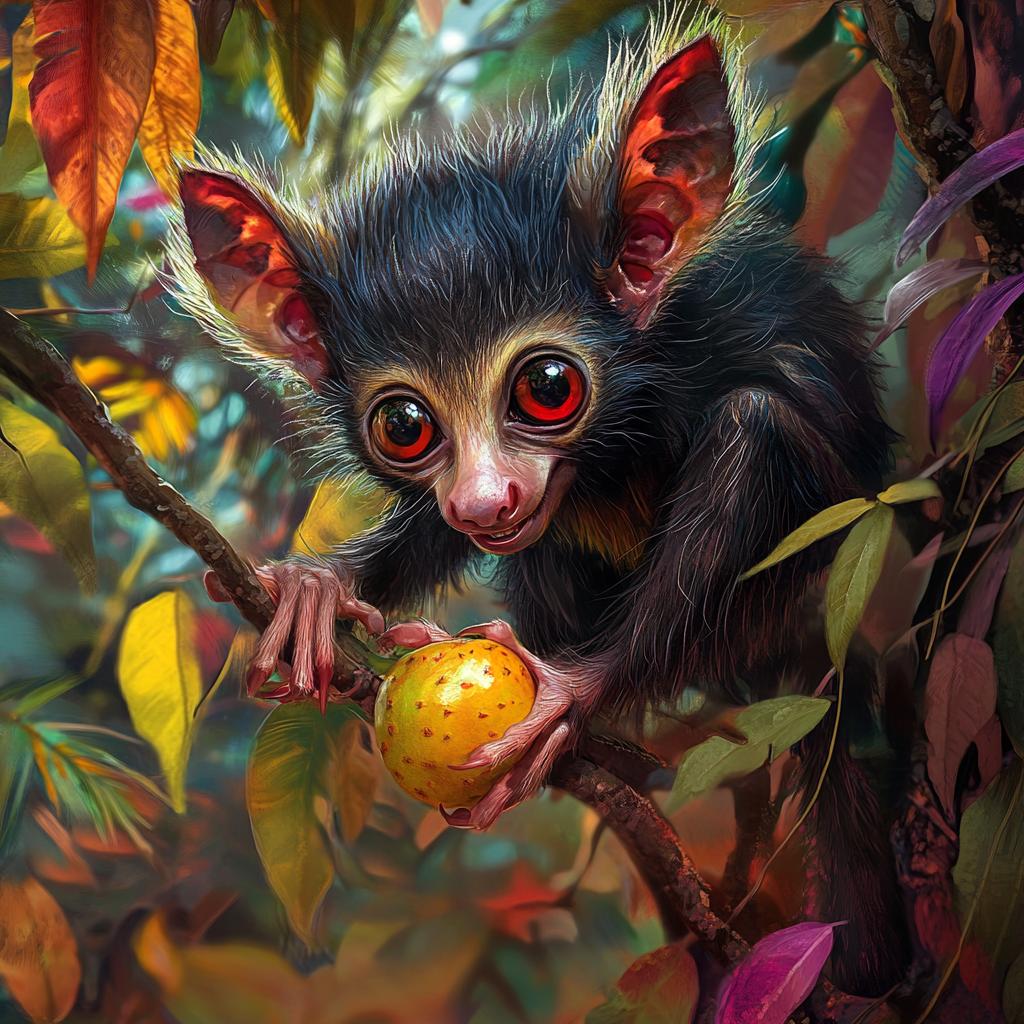 Aye-Aye Eating Fruits on Branch