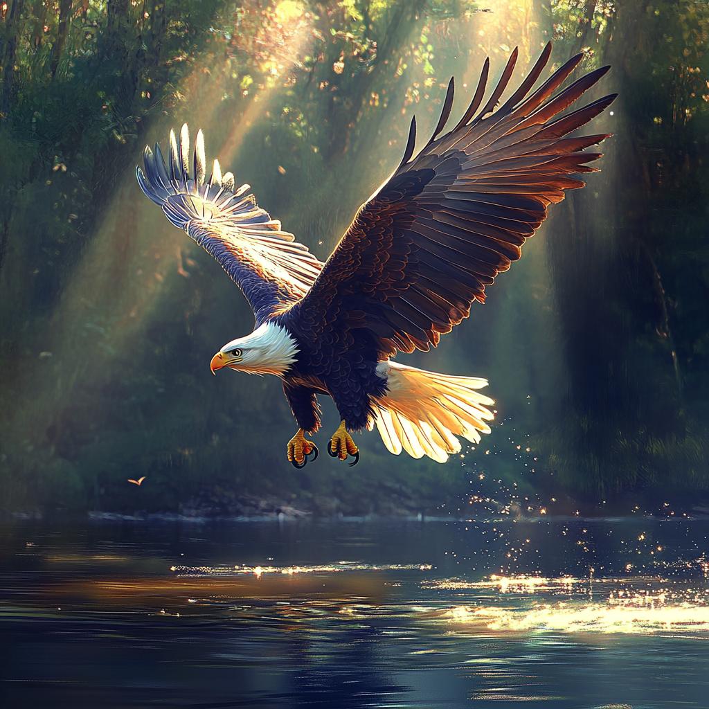Bald Eagle Flying Over River