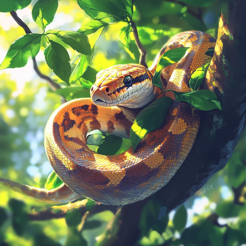 Brown and Yellow Ball Python in Tree