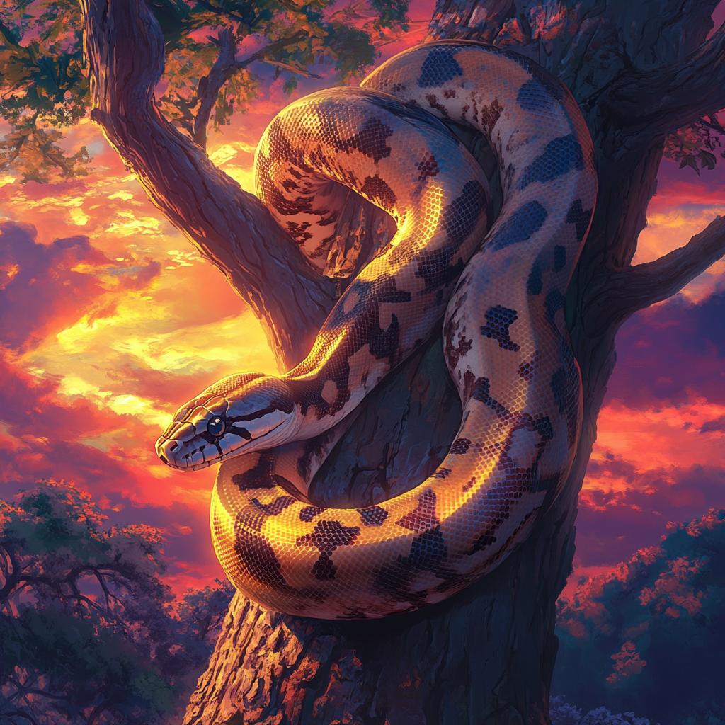 Ball Python in Tree at Sunset