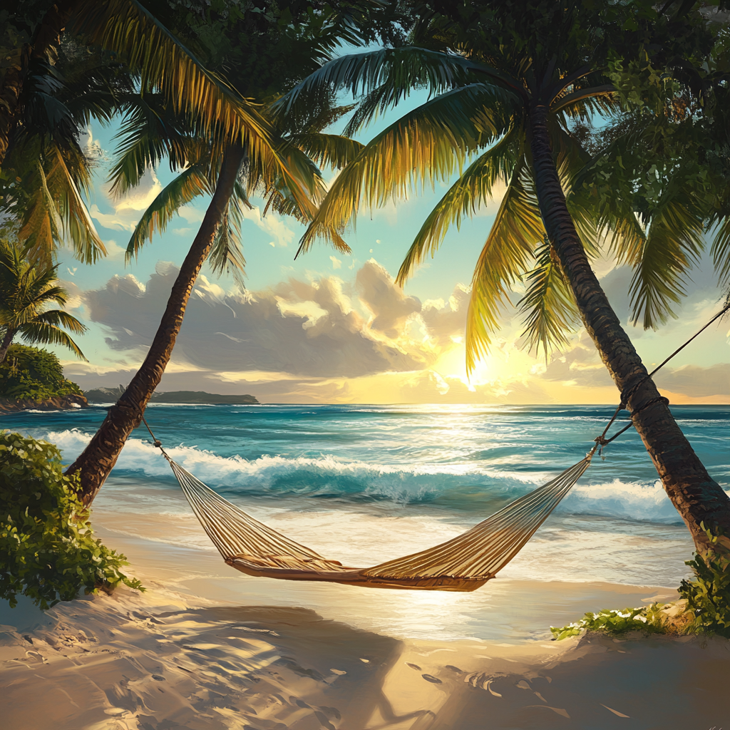 Hammock Between Palm Trees with Sea View