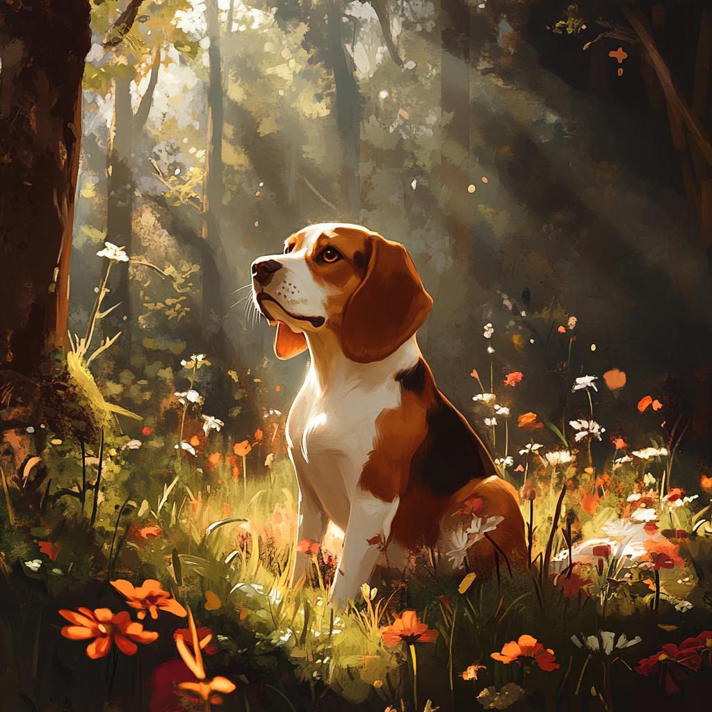 Beagle in Forest Sunbeam with Flowers