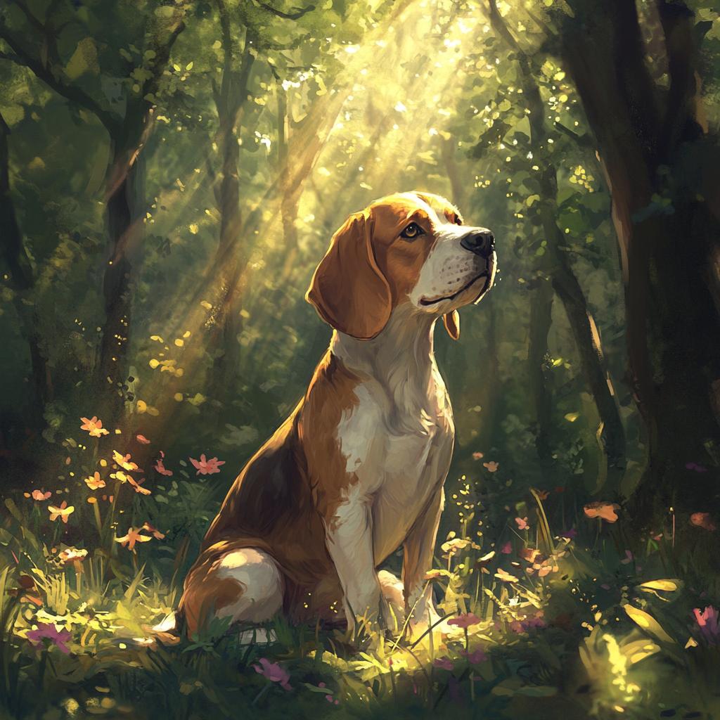 Beagle in Sunlit Forest Clearing