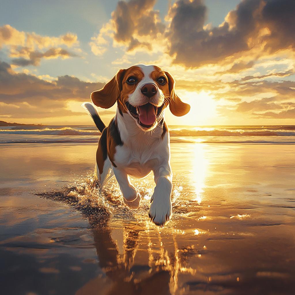 Beagle Running in Water at Sunrise