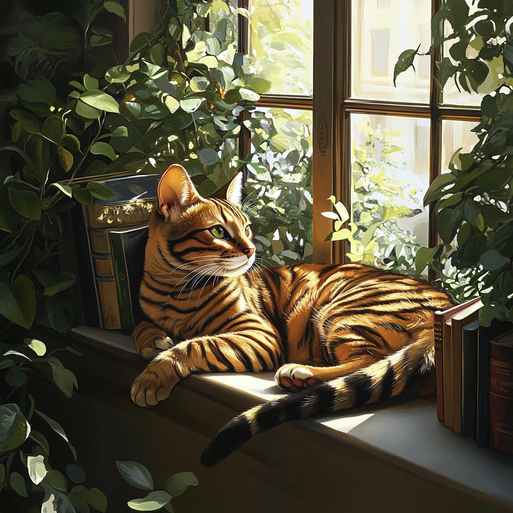 Bengal Cat Resting by Window Plants