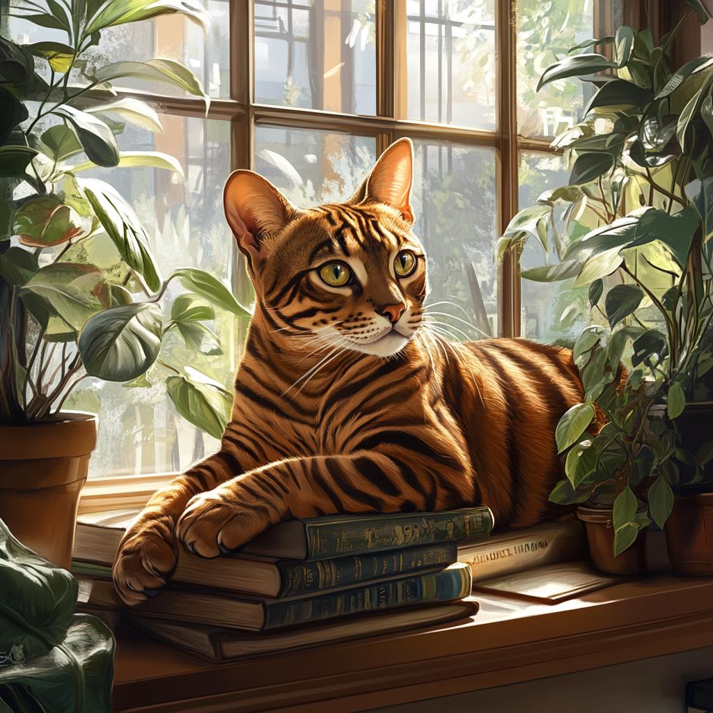 Bengal Cat on Windowsill with Greenery