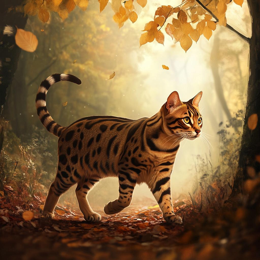 Bengal Cat Walking in Autumn Forest