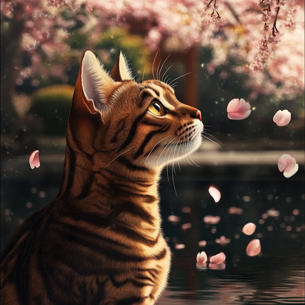 Bengal Cat with Falling Pink Leaves