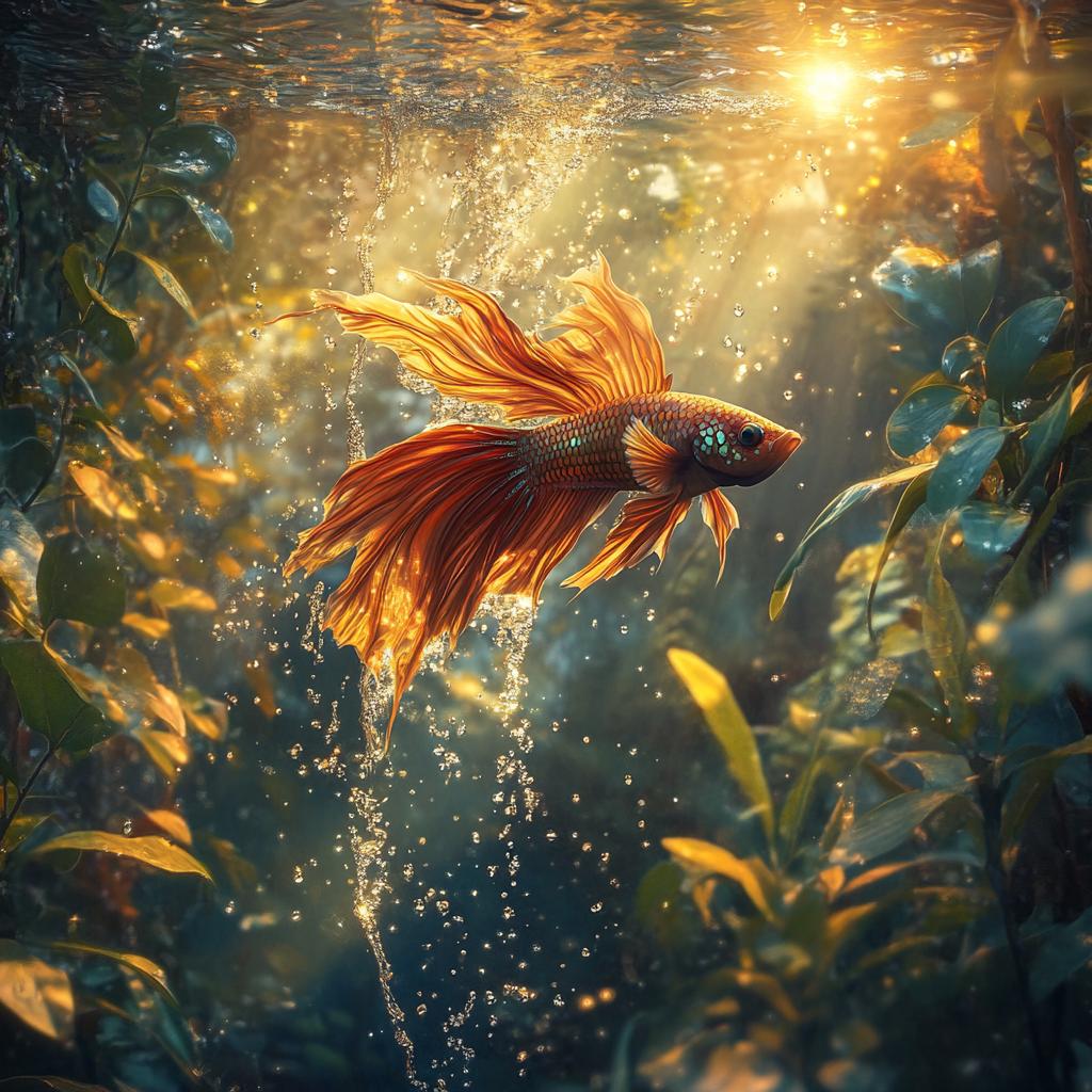 Blue and Red Betta Fish Among Plants