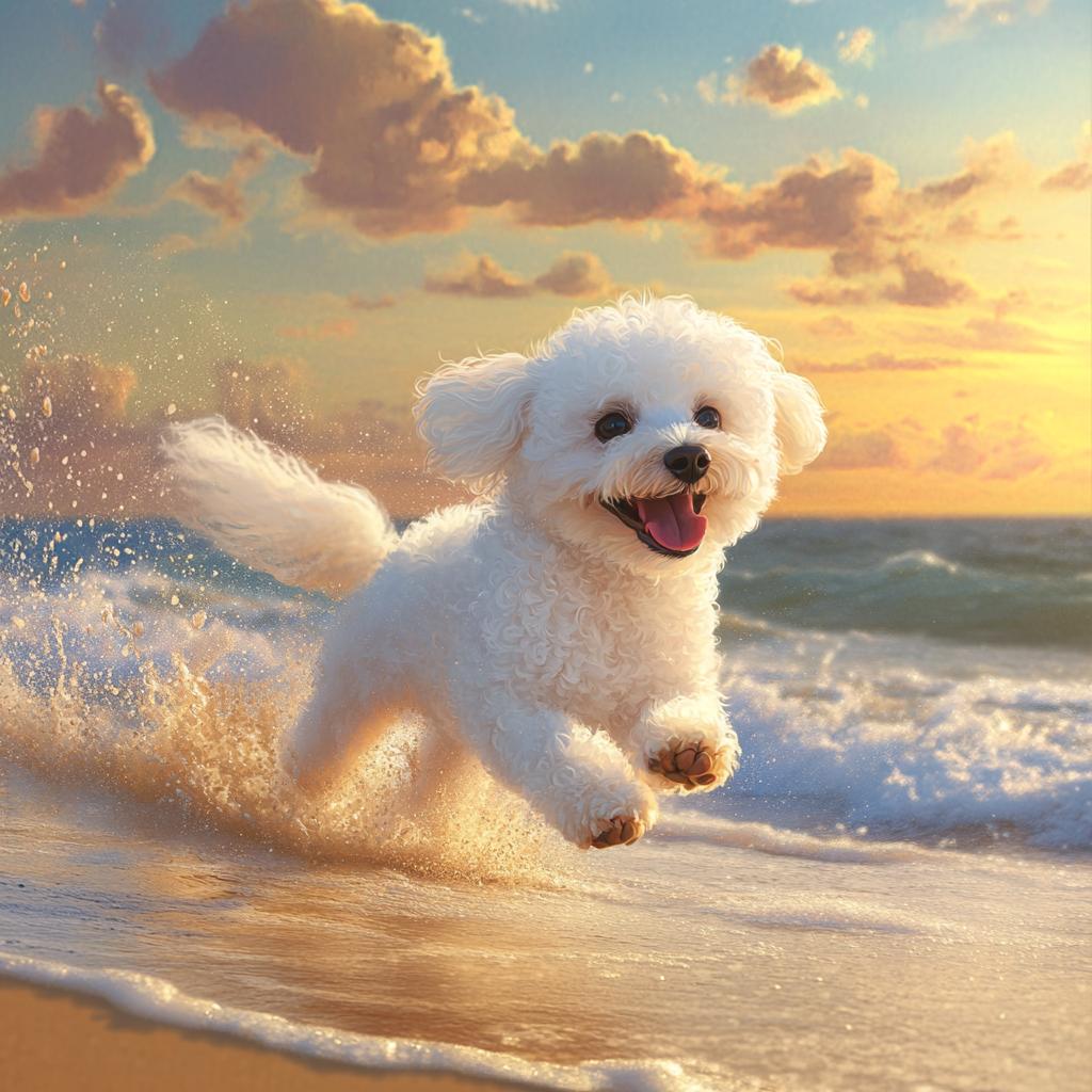 White Bichon Frise Running at Sunrise Beach