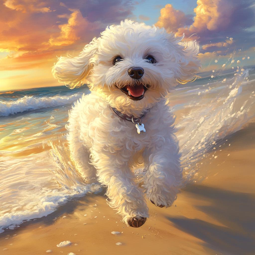 White Bichon Frise Running at Sunset Beach