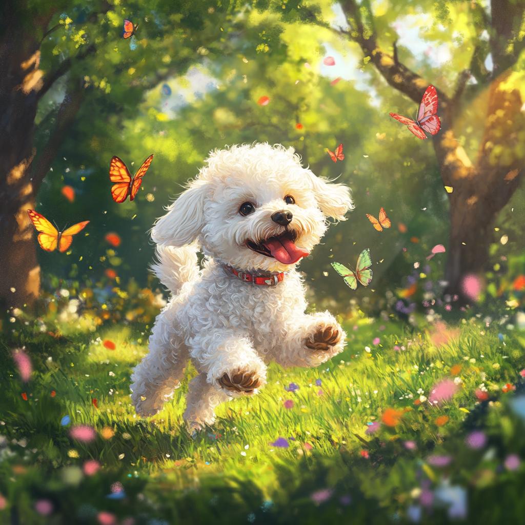 Bichon Frise Playing with Butterflies