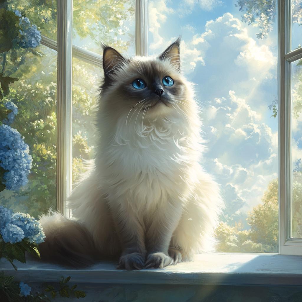 Birman Cat Sitting at Open Window
