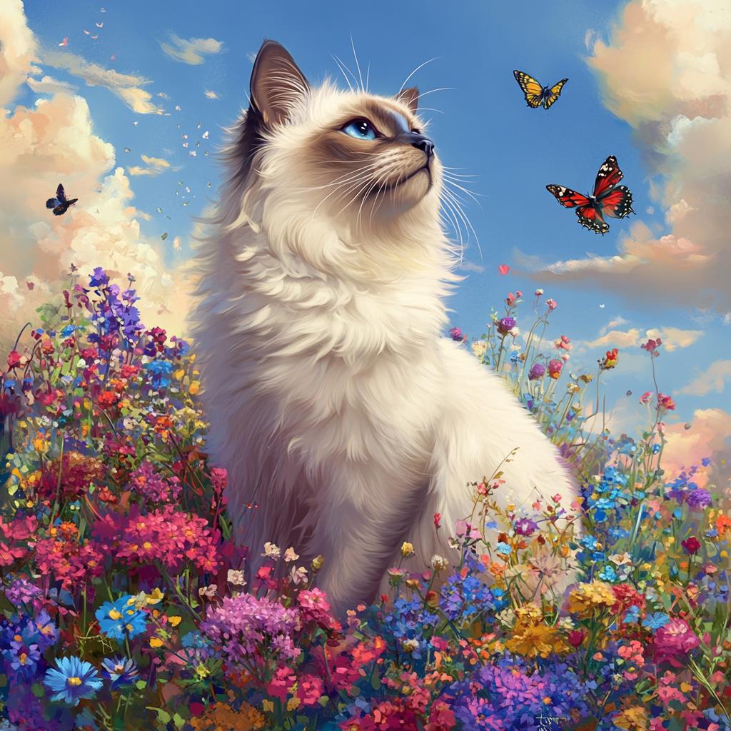 Birman Cat Gazing in Flower Field