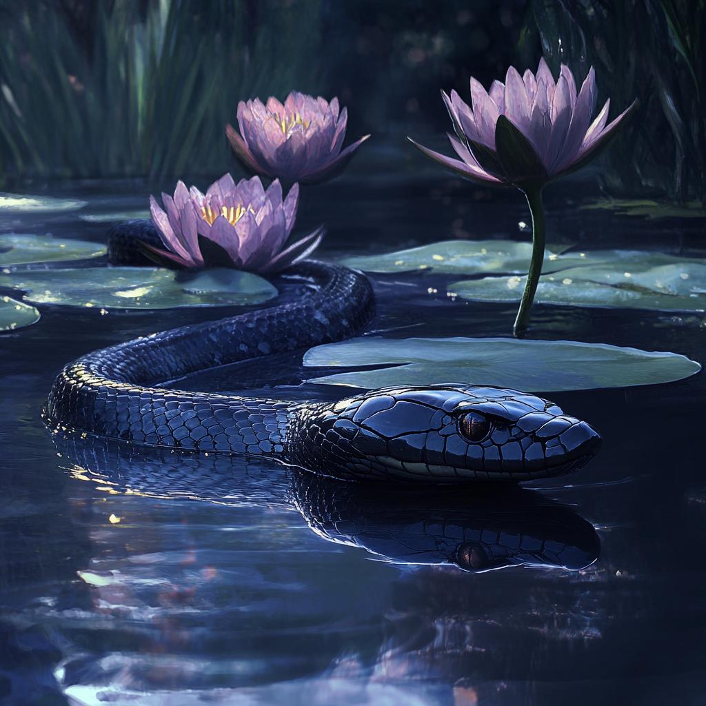 Black Mamba Swimming Among Lilies
