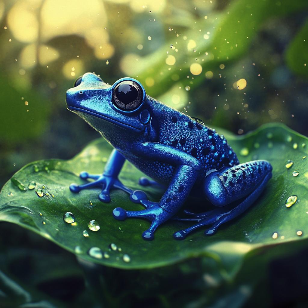 Blue Poison Dart Frog in Rain on Leaf