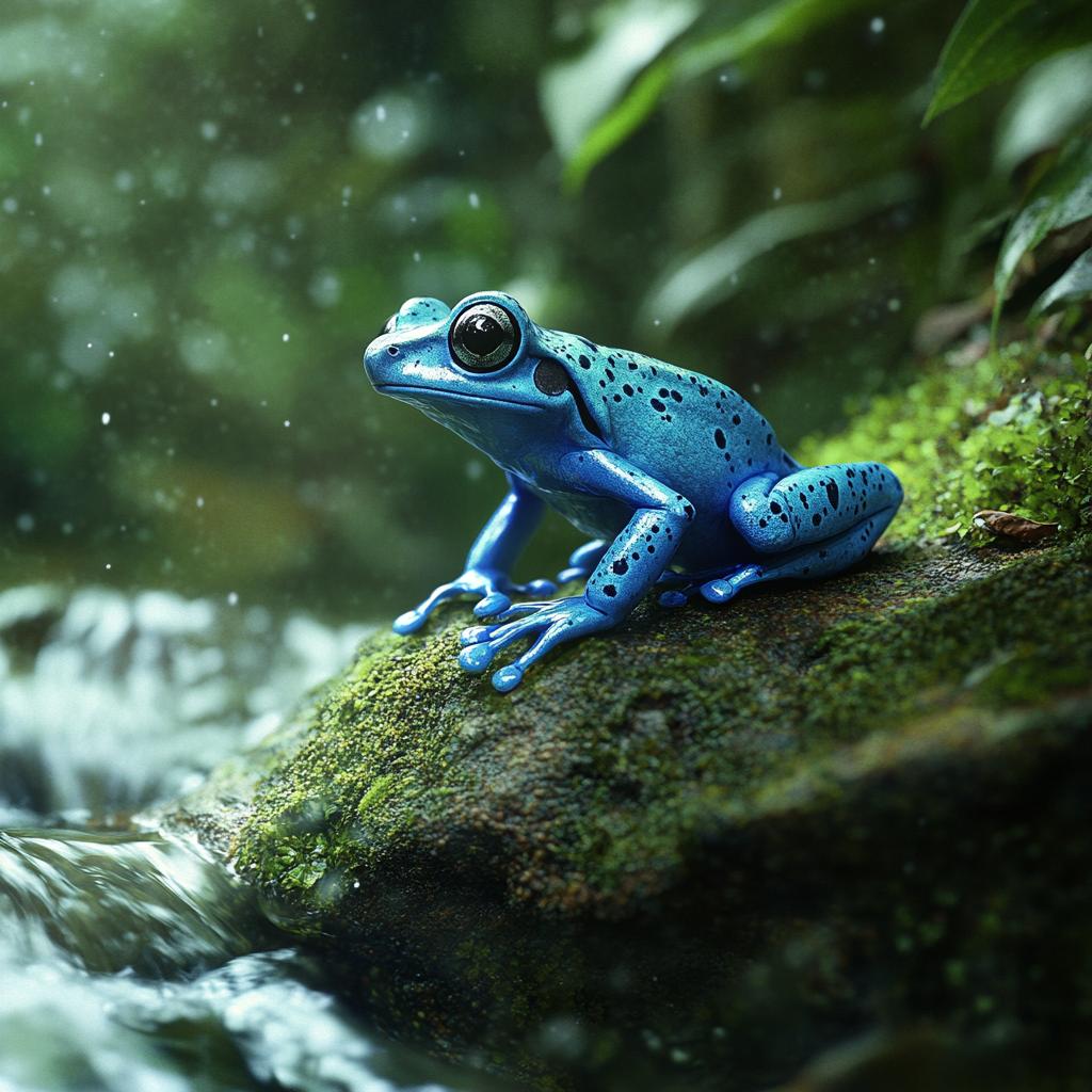 Blue Poison Dart Frog by Waterfall