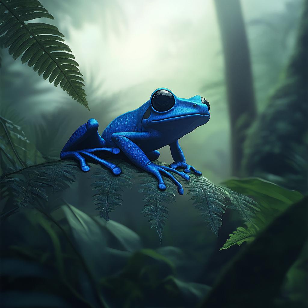 Blue Poison Dart Frog in Misty Forest