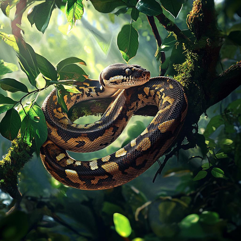 Boa Constrictor Hanging in Tree with Sunbeams Through Leaves