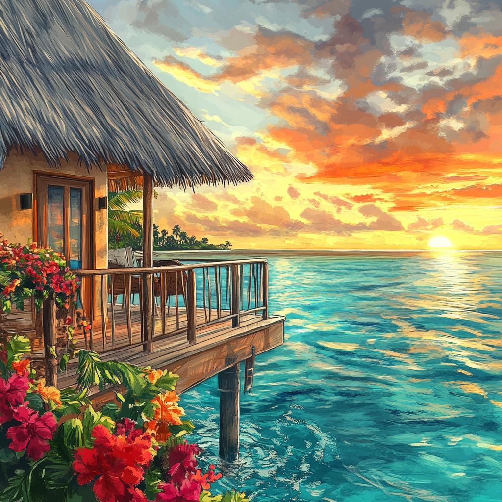 Bora Bora Wooden House at Sunset Sea View